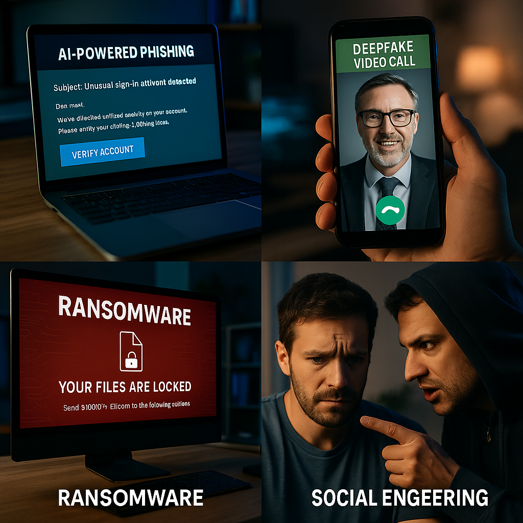 A collage illustrating major AI-driven cyber threats